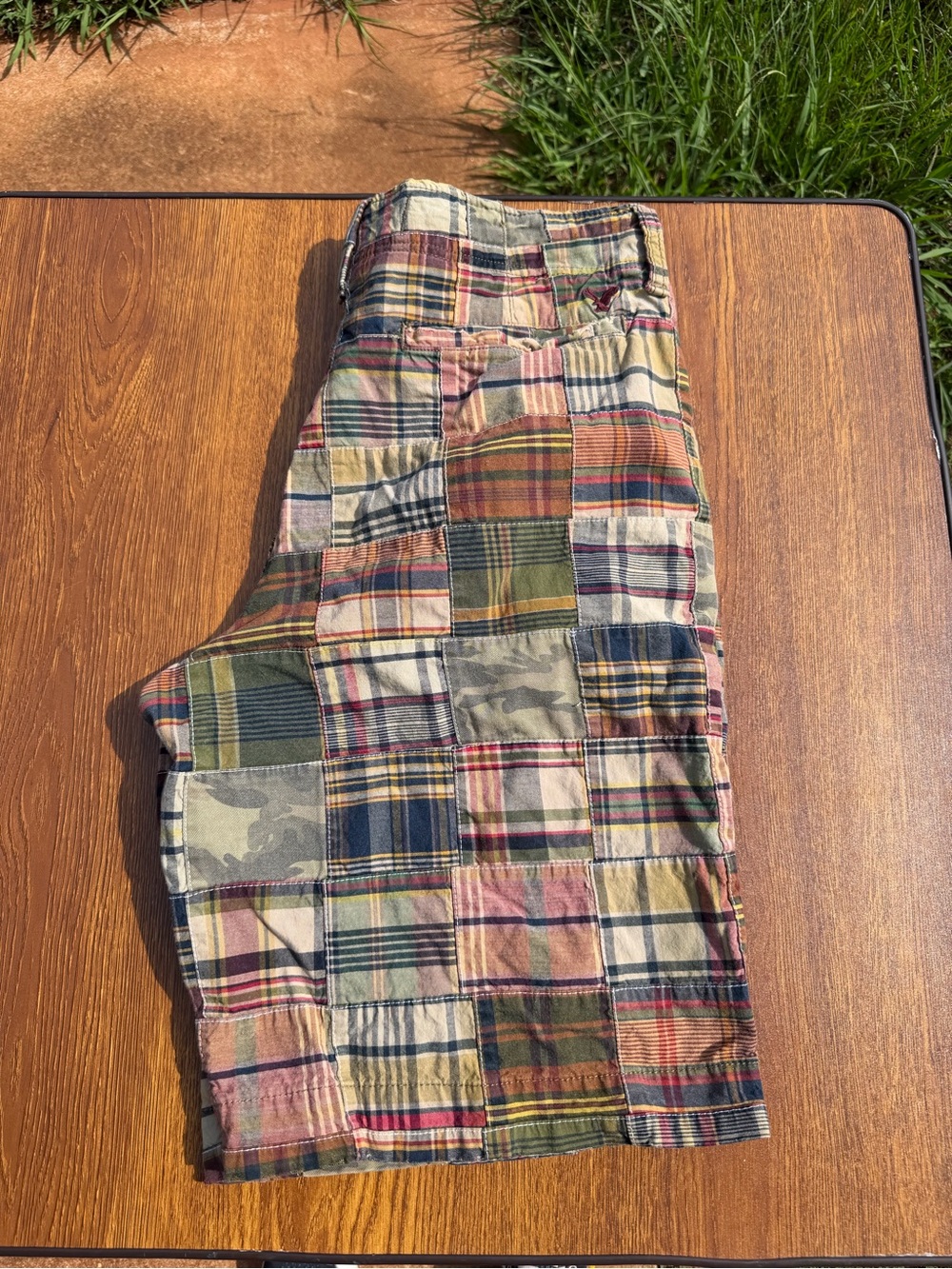 American Eagle Patchwork Madras Shorts Men’s 34 Cotton Plaid Longer Length - Picture 13 of 13